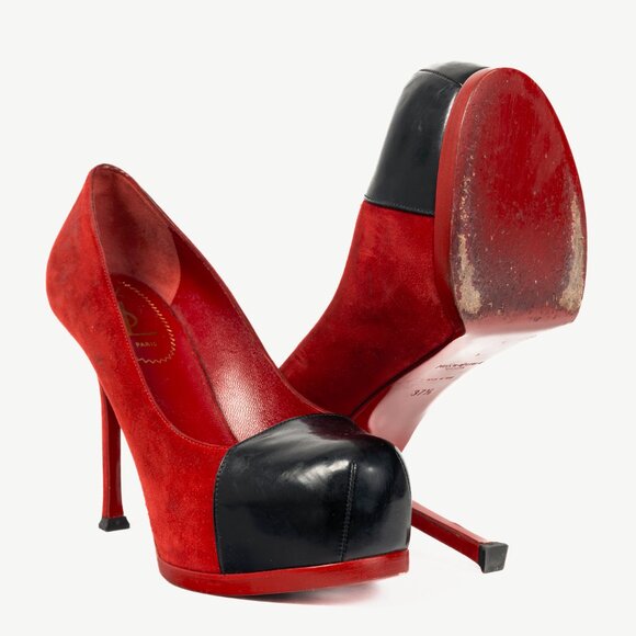 Yves Saint Laurent Tribtoo 80 Platform Poppy Suede & Nero Cap-Toe Pumps - Picture 4 of 9